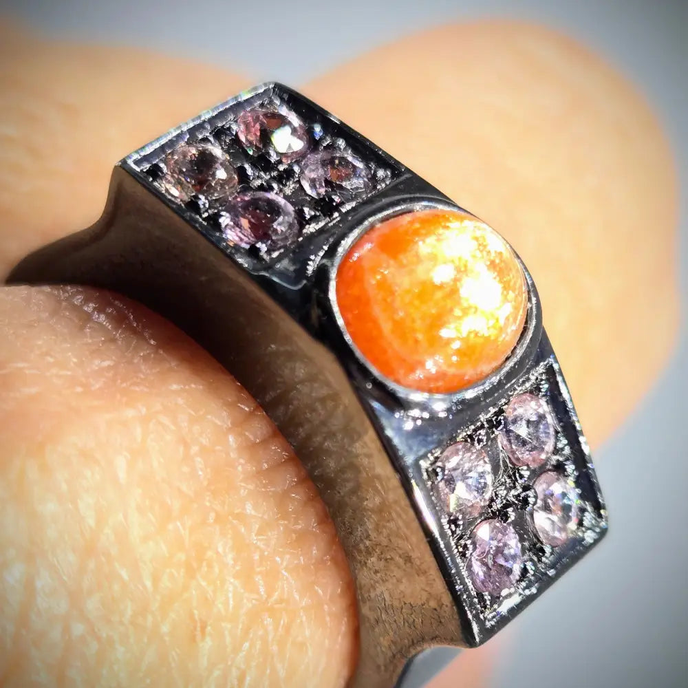 ?BLack Sun’ Sz 11 Ring - Sunstone Pink Zircon Black Sterling - Ring