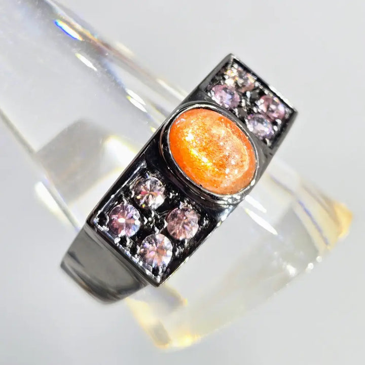 ?BLack Sun’ Sz 11 Ring - Sunstone Pink Zircon Black Sterling - Ring