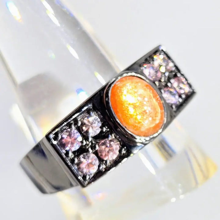?BLack Sun’ Sz 11 Ring - Sunstone Pink Zircon Black Sterling - Ring