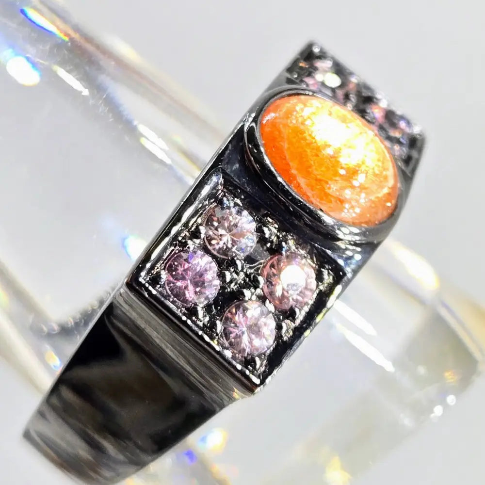 ?BLack Sun’ Sz 11 Ring - Sunstone Pink Zircon Black Sterling - Ring