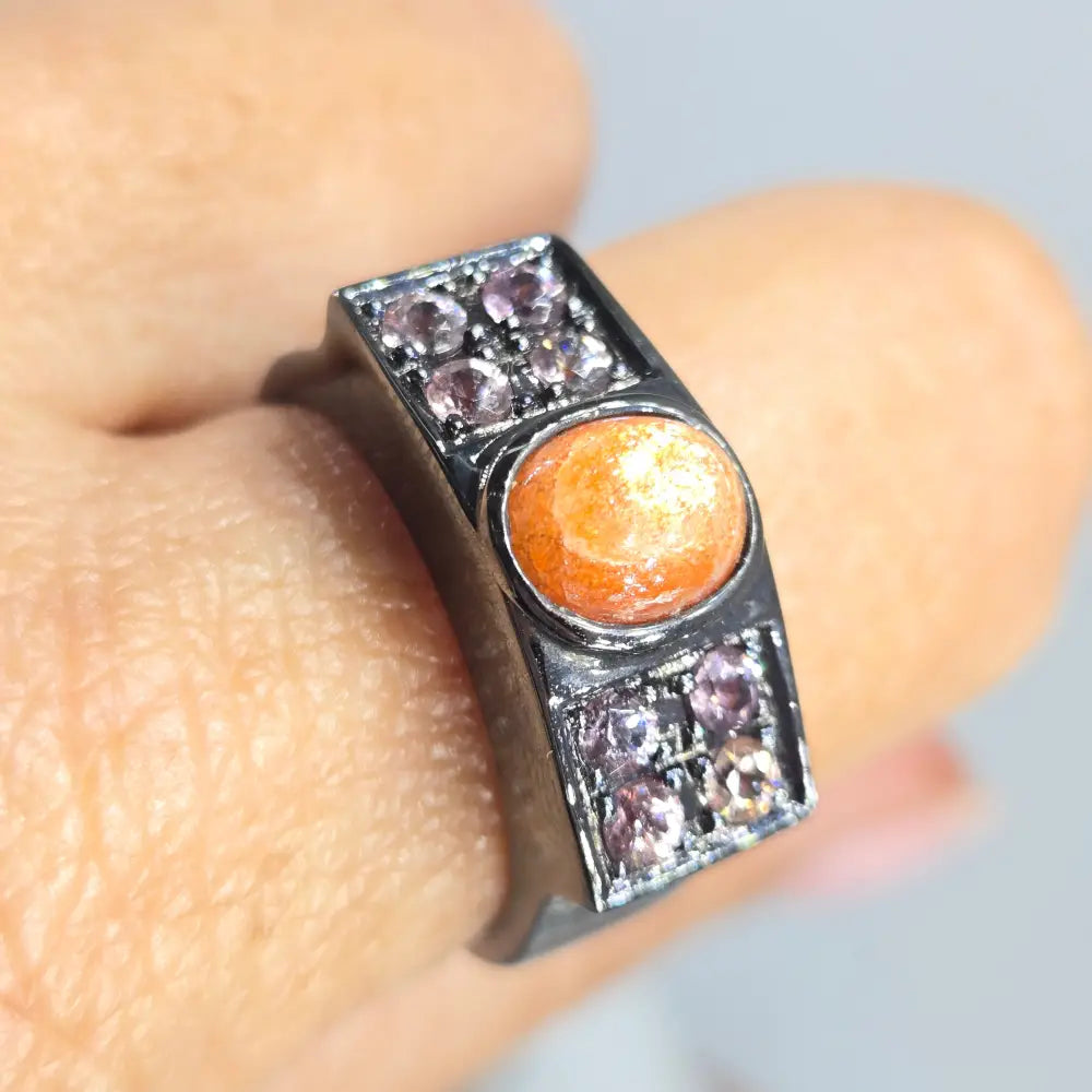 ?BLack Sun’ Sz 11 Ring - Sunstone Pink Zircon Black Sterling - Ring