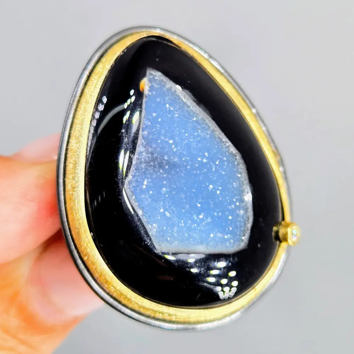 ?BLack Tie Affair’ Adjustable Adj. Sz. Ring - Druzy Agate Diamond Black Sterling 18k