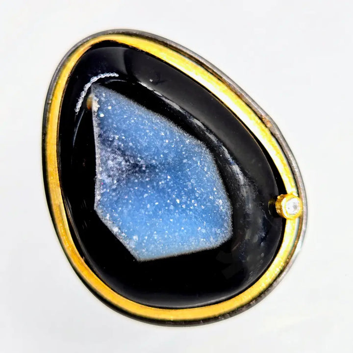 ?BLack Tie Affair’ Adjustable Adj. Sz. Ring - Druzy Agate Diamond Black Sterling 18k