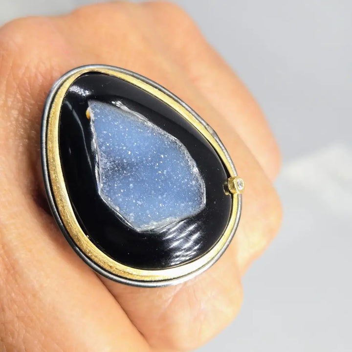 ?BLack Tie Affair’ Adjustable Adj. Sz. Ring - Druzy Agate Diamond Black Sterling 18k