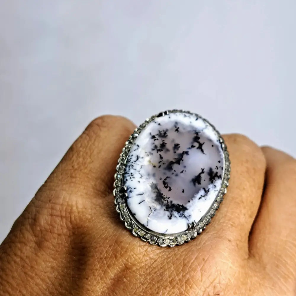 ?BLack & White #6’’ Ring - Sz 7 Dendritic Opal Diamonds Black Sterling - Size