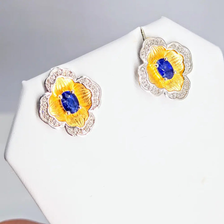 ?BLeue Le Fleur’.75 Earrings - Diamonds Sapphire Anti-tarnish 18k Gold Sterling