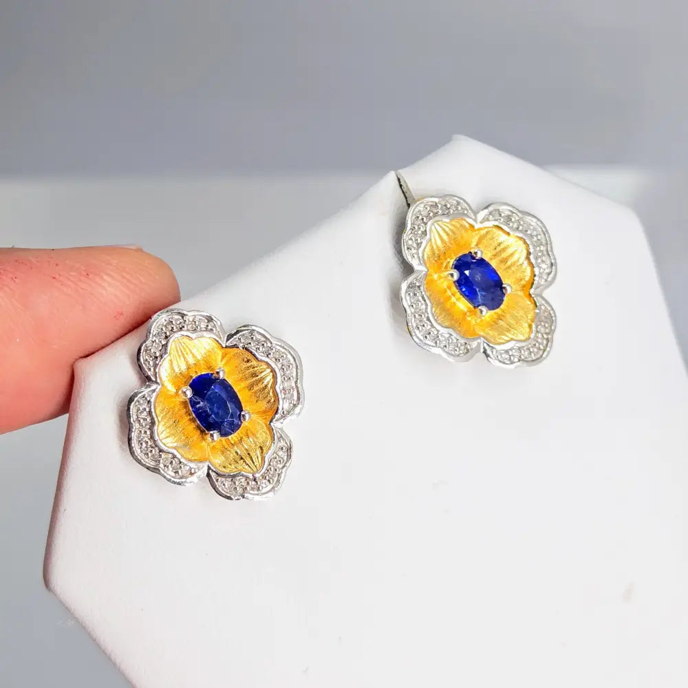 ?BLeue Le Fleur’.75 Earrings - Diamonds Sapphire Anti-tarnish 18k Gold Sterling