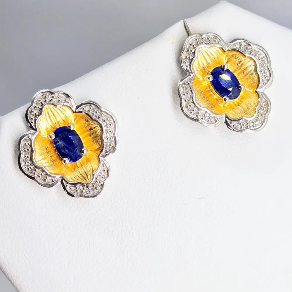 ?BLeue Le Fleur’.75 Earrings - Diamonds Sapphire Anti-tarnish 18k Gold Sterling