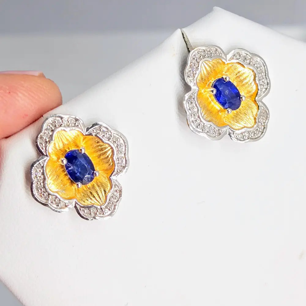?BLeue Le Fleur’.75 Earrings - Diamonds Sapphire Anti-tarnish 18k Gold Sterling