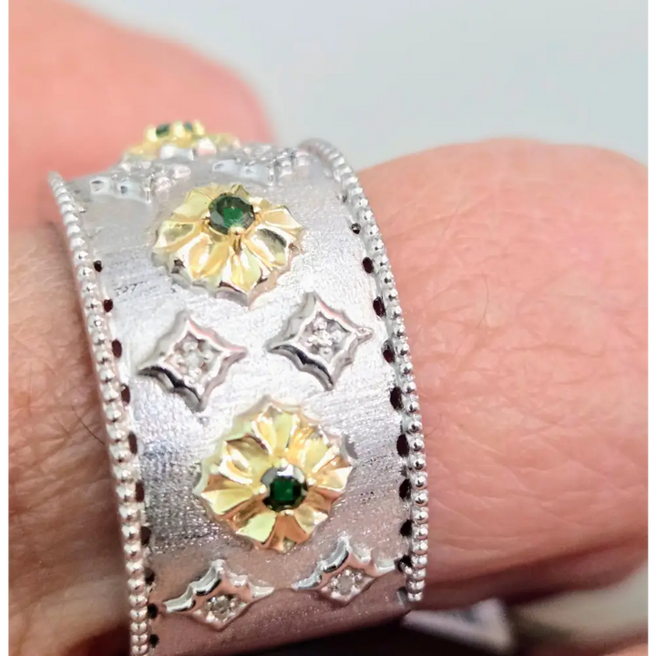 ?BLossom Verdant’ Sz 8 Ring - Diamonds Green Anti-tarnish Sterling 18k Gold Accents