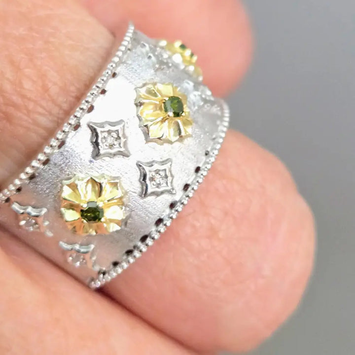 ?BLossom Verdant’ Sz 8 Ring - Diamonds Green Anti-tarnish Sterling 18k Gold Accents