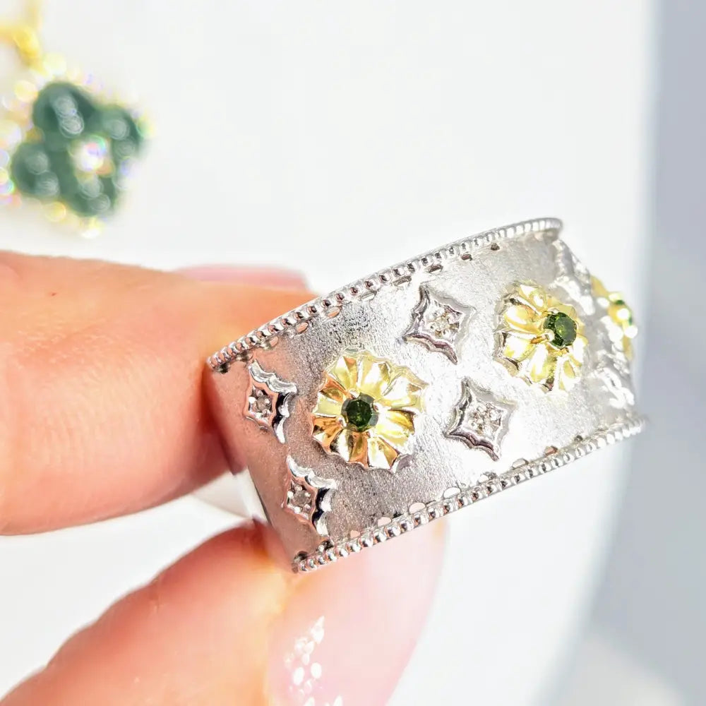 ?BLossom Verdant’ Sz 8 Ring - Diamonds Green Anti-tarnish Sterling 18k Gold Accents