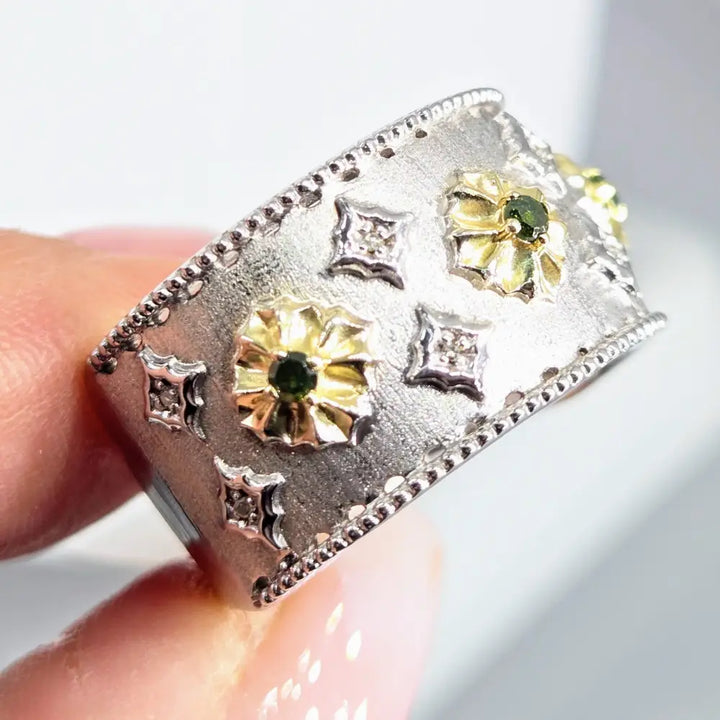 ?BLossom Verdant’ Sz 8 Ring - Diamonds Green Anti-tarnish Sterling 18k Gold Accents
