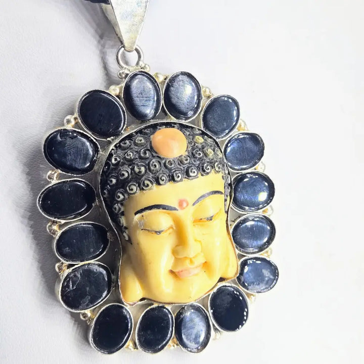 ?BLossoming Buddha’ Pendant Necklace - Carved Bone Glass German Silver Leather