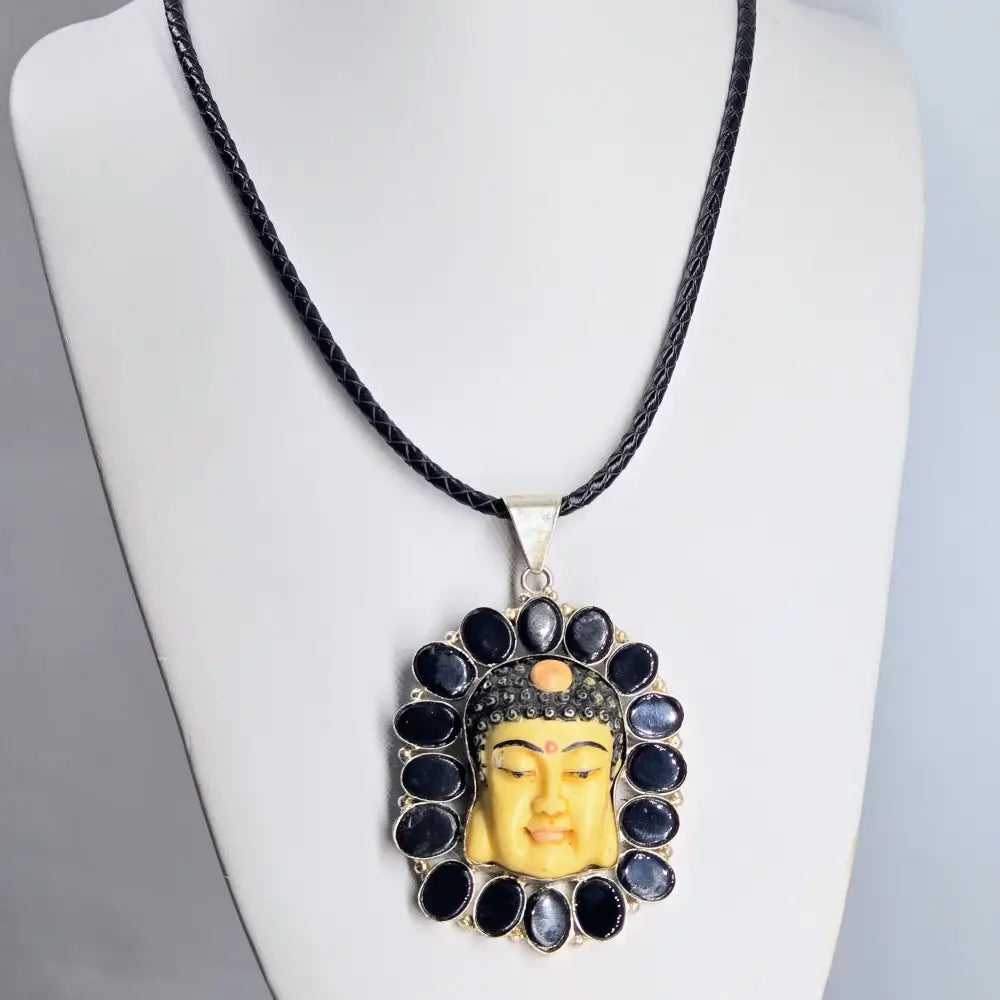 ?BLossoming Buddha’ Pendant Necklace - Carved Bone Glass German Silver Leather