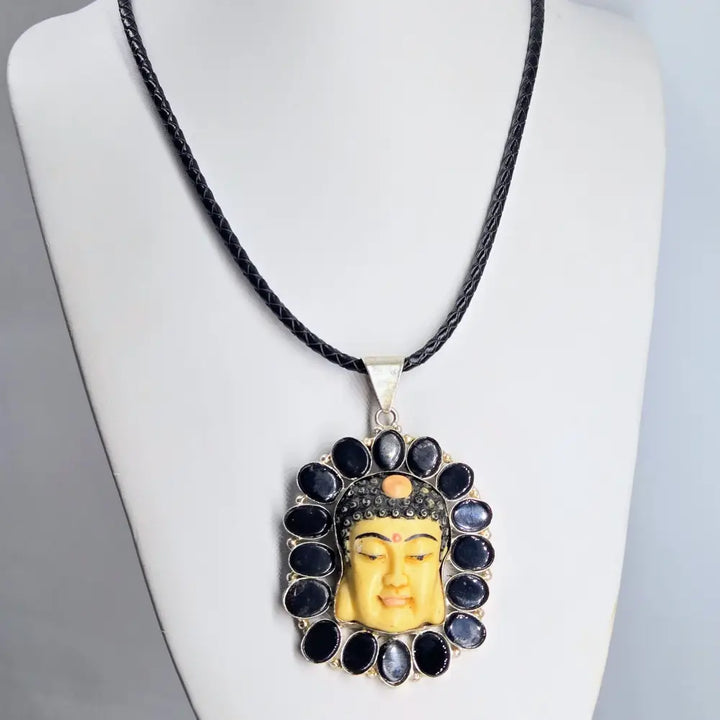 ?BLossoming Buddha’ Pendant Necklace - Carved Bone Glass German Silver Leather