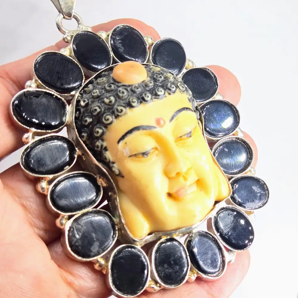 ?BLossoming Buddha’ Pendant Necklace - Carved Bone Glass German Silver Leather