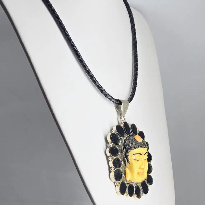 ?BLossoming Buddha’ Pendant Necklace - Carved Bone Glass German Silver Leather
