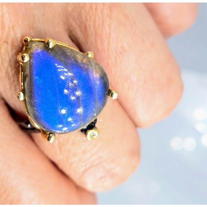 ?BLue Flame’ Sz 9.5 Ring - Labradorite Diamond Black Sterling 18k Gold