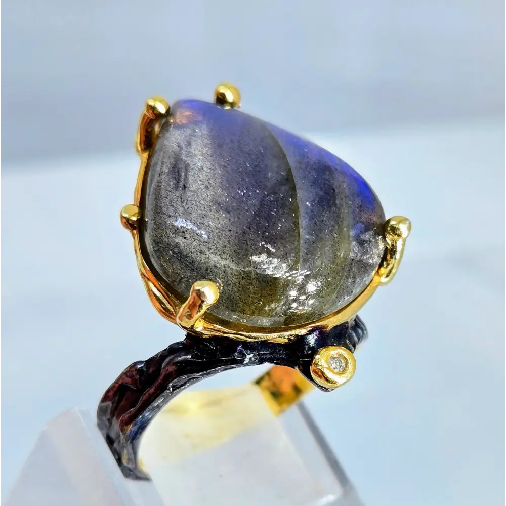 ?BLue Flame’ Sz 9.5 Ring - Labradorite Diamond Black Sterling 18k Gold