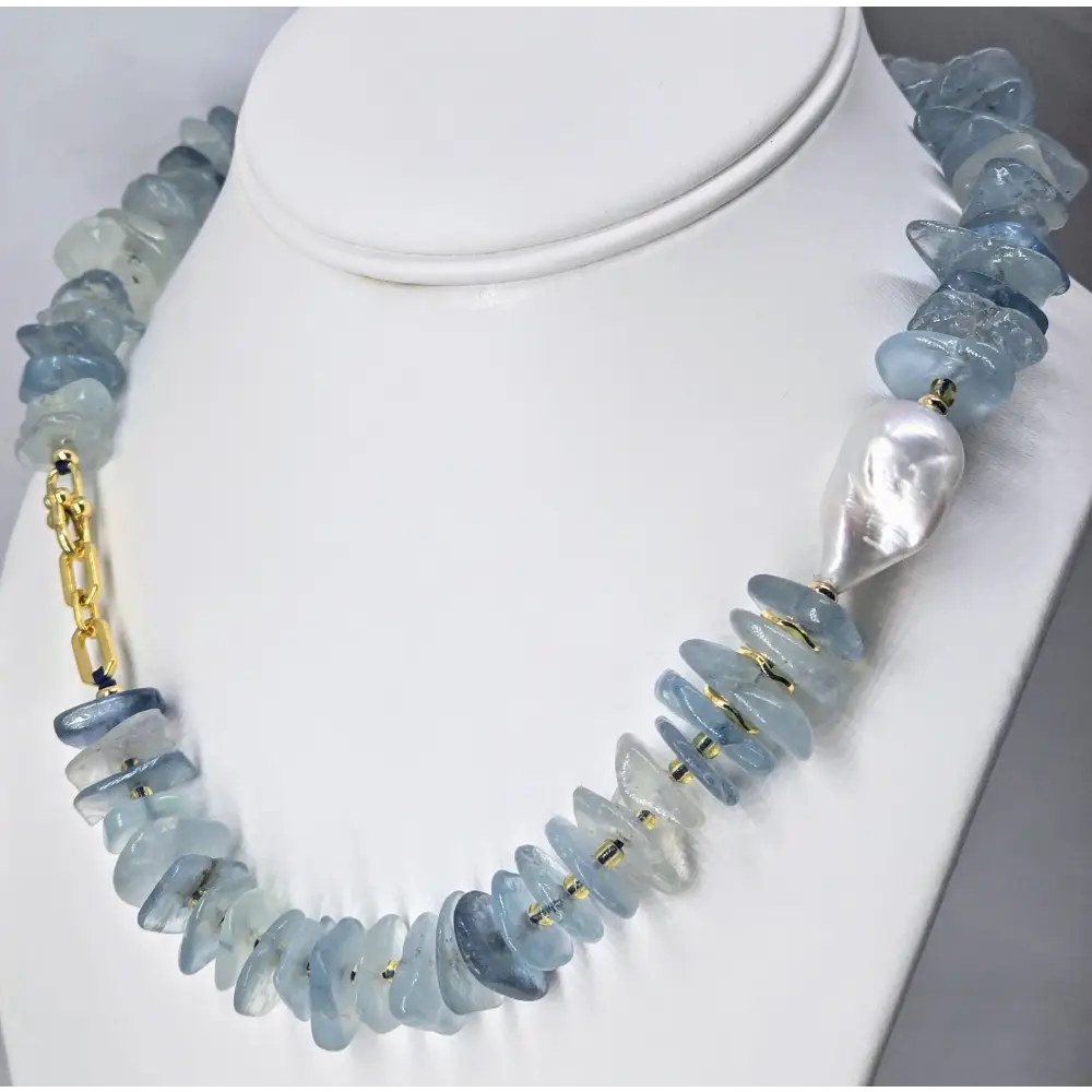 ?BLue Hues’ 16’’ Necklace - Aquamarine Baroque Pearl Gold-plated Jeweler Brass