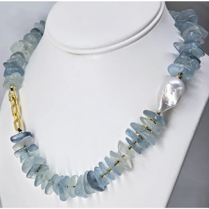 ?BLue Hues’ 16’’ Necklace - Aquamarine Baroque Pearl Gold-plated Jeweler Brass