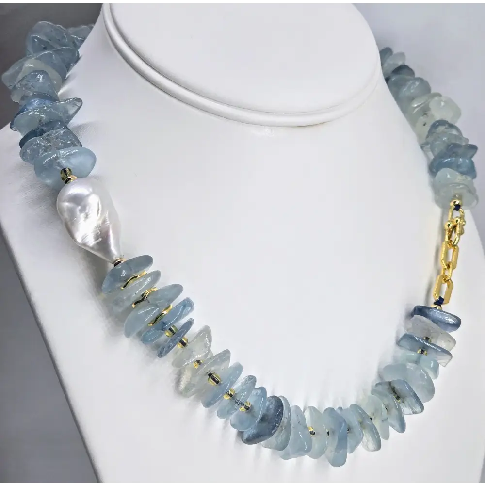 ?BLue Hues’ 16’’ Necklace - Aquamarine Baroque Pearl Gold-plated Jeweler Brass