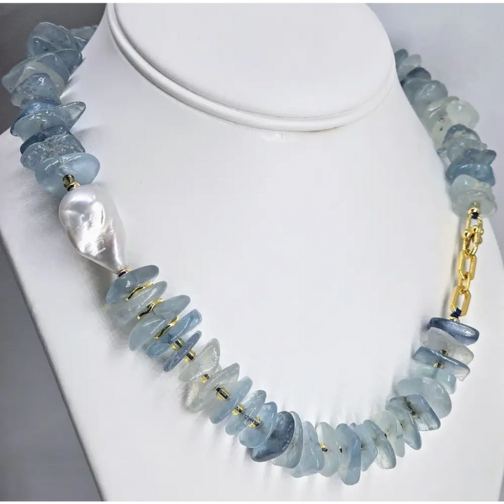 ?BLue Hues’ 16’’ Necklace - Aquamarine Baroque Pearl Gold-plated Jeweler Brass