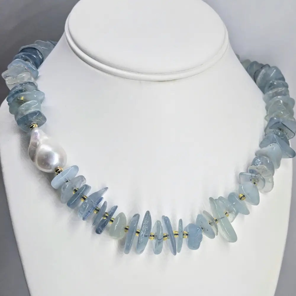 ?BLue Hues’ 16’’ Necklace - Aquamarine Baroque Pearl Gold-plated Jeweler Brass