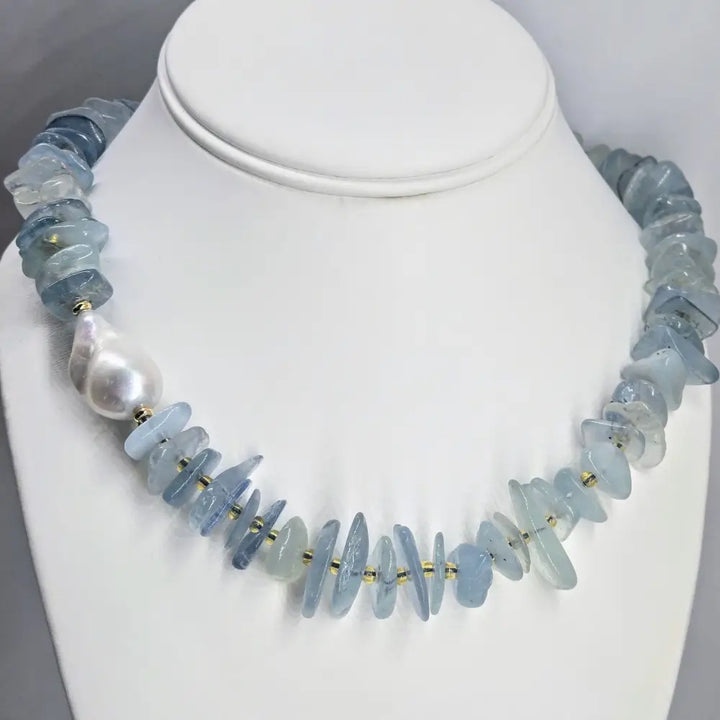 ?BLue Hues’ 16’’ Necklace - Aquamarine Baroque Pearl Gold-plated Jeweler Brass