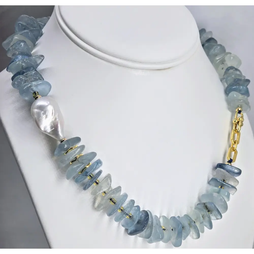 ?BLue Hues’ 16’’ Necklace - Aquamarine Baroque Pearl Gold-plated Jeweler Brass