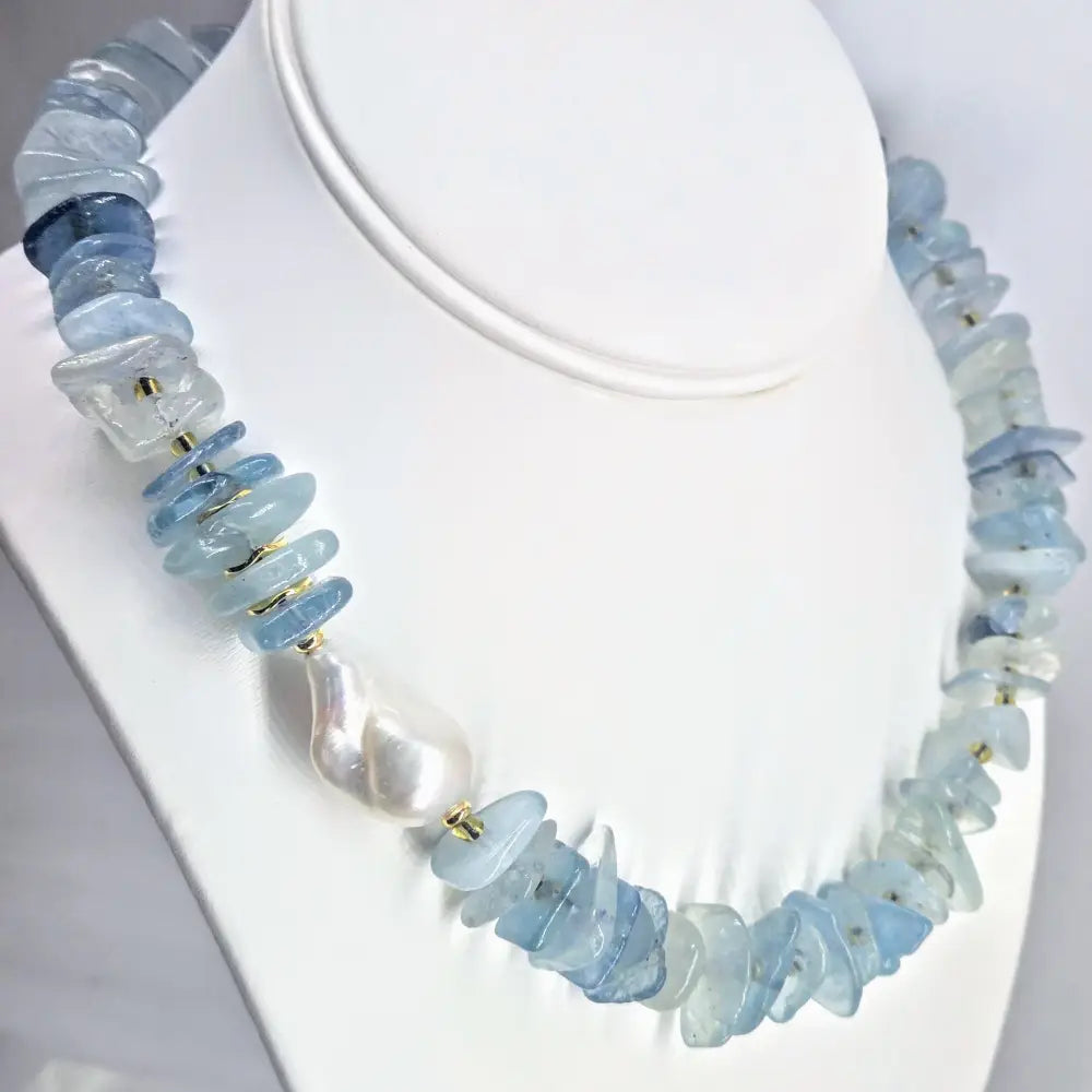 ?BLue Hues’ 16’’ Necklace - Aquamarine Baroque Pearl Gold-plated Jeweler Brass