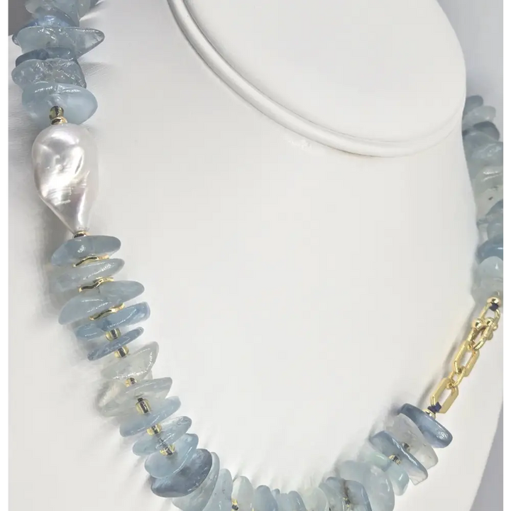 ?BLue Hues’ 16’’ Necklace - Aquamarine Baroque Pearl Gold-plated Jeweler Brass