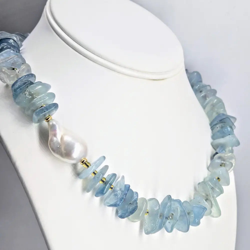 ?BLue Hues’ 16’’ Necklace - Aquamarine Baroque Pearl Gold-plated Jeweler Brass