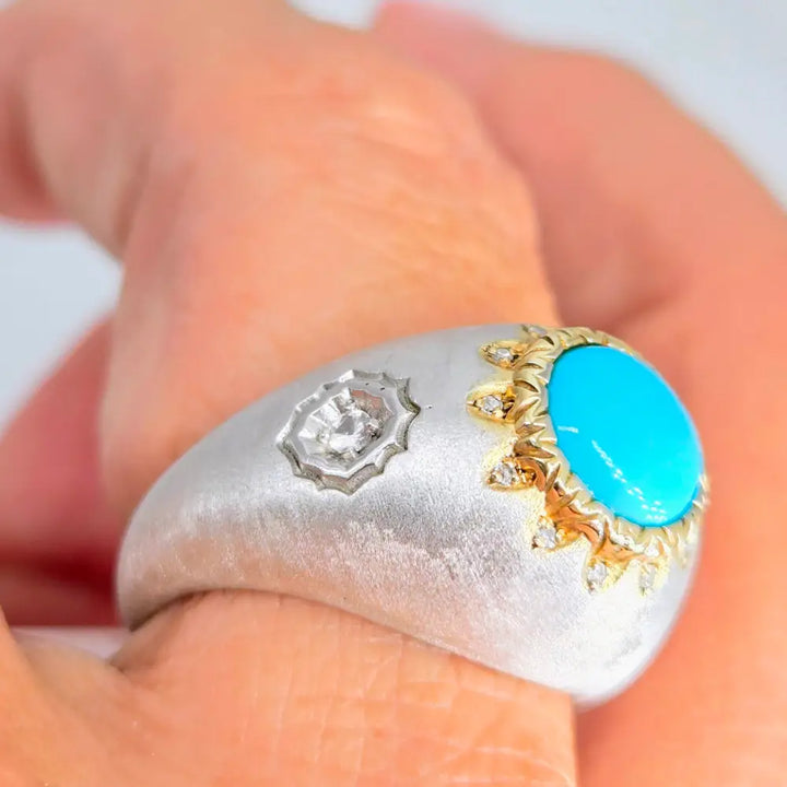 ?BLue Skies Shine’ Sz 8 Ring - Turquoise Diamonds 18k Gold Accents