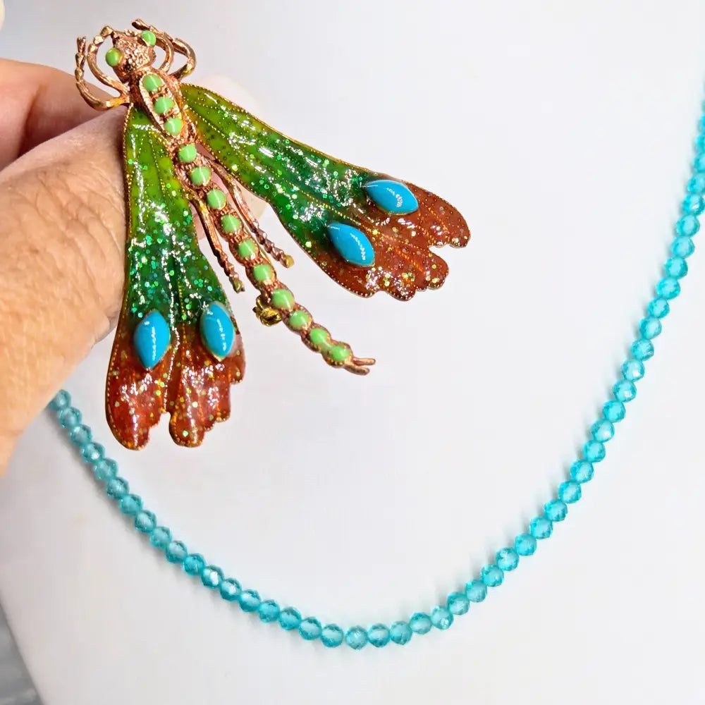 ?BLue Sky Fly’ Convertible Necklace/brooch Combo - Crystal Bronze Enamel Sterling Findings - 16’’ - 18’’ - Necklace