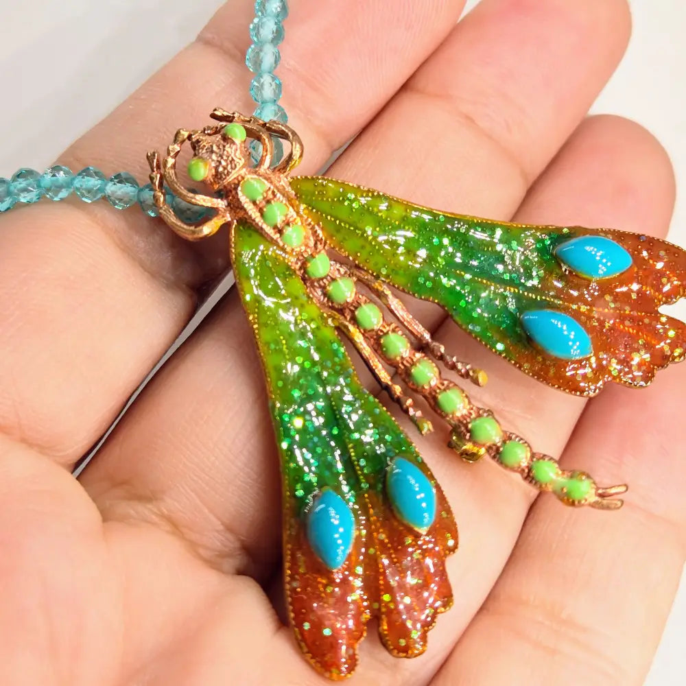 ?BLue Sky Fly’ Convertible Necklace/brooch Combo - Crystal Bronze Enamel Sterling Findings - 16’’ - 18’’ - Necklace
