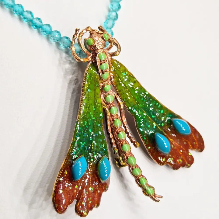 ?BLue Sky Fly’ Convertible Necklace/brooch Combo - Crystal Bronze Enamel Sterling Findings - 16’’ - 18’’ - Necklace