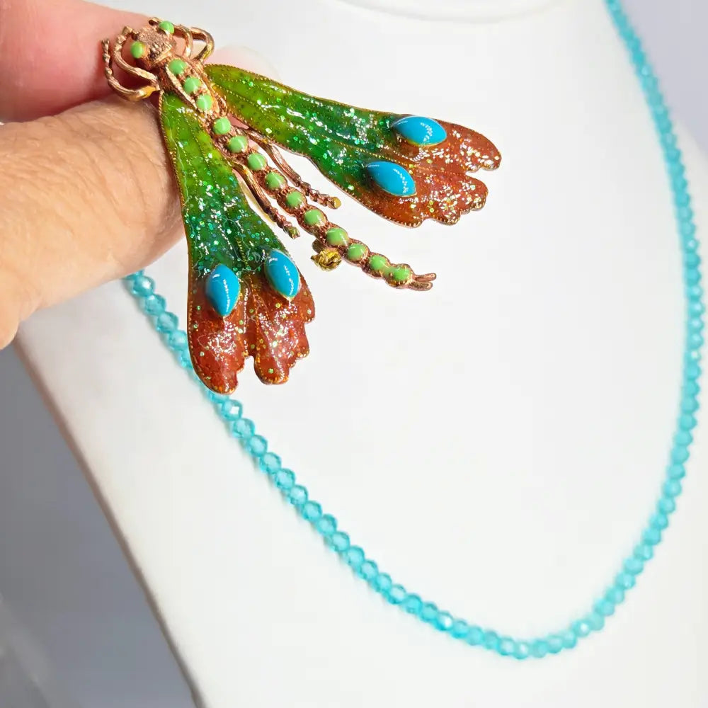 ?BLue Sky Fly’ Convertible Necklace/brooch Combo - Crystal Bronze Enamel Sterling Findings - 16’’ - 18’’ - Necklace