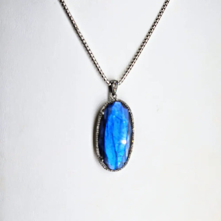 Blue Velvet 18’’ Necklace 2’’ Pendant Labradorite Diamond Oxidized Sterling