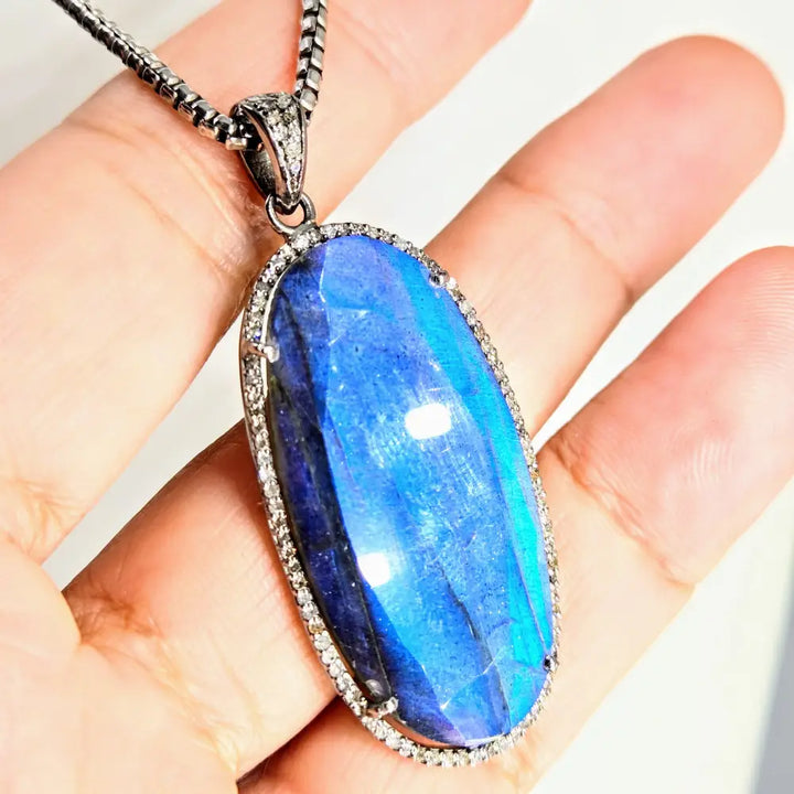 Blue Velvet 18’’ Necklace 2’’ Pendant Labradorite Diamond Oxidized Sterling