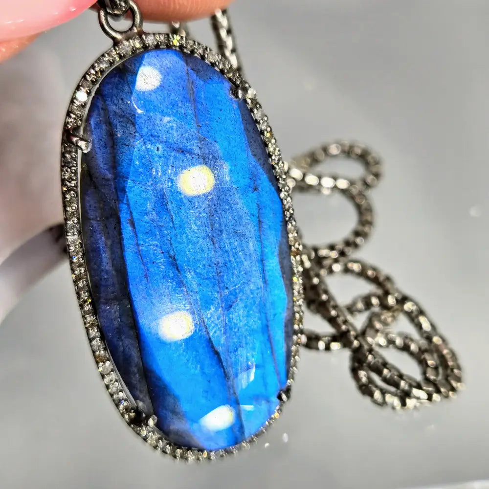 Blue Velvet 18’’ Necklace 2’’ Pendant Labradorite Diamond Oxidized Sterling