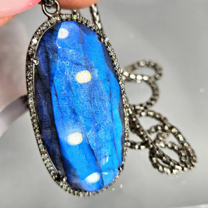 Blue Velvet 18’’ Necklace 2’’ Pendant Labradorite Diamond Oxidized Sterling