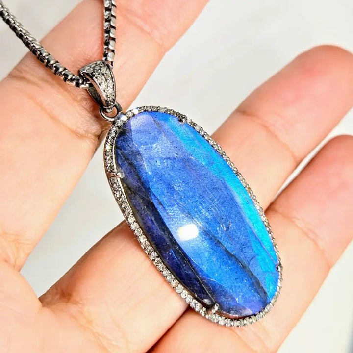 Blue Velvet 18’’ Necklace 2’’ Pendant Labradorite Diamond Oxidized Sterling