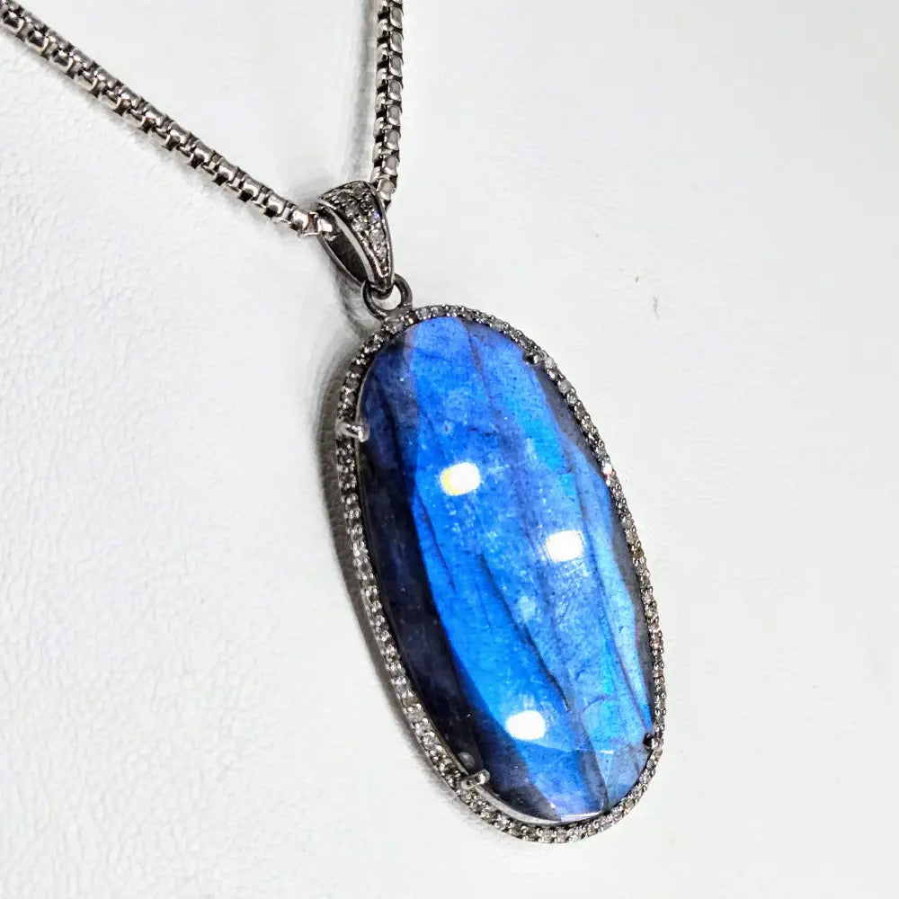 Blue Velvet 18’’ Necklace 2’’ Pendant Labradorite Diamond Oxidized Sterling