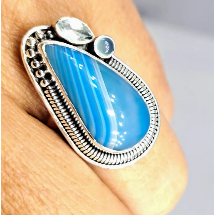 ?BLuesday Afternoon’ Sz 7 Ring - Agate Topaz Chalcedony Sterling