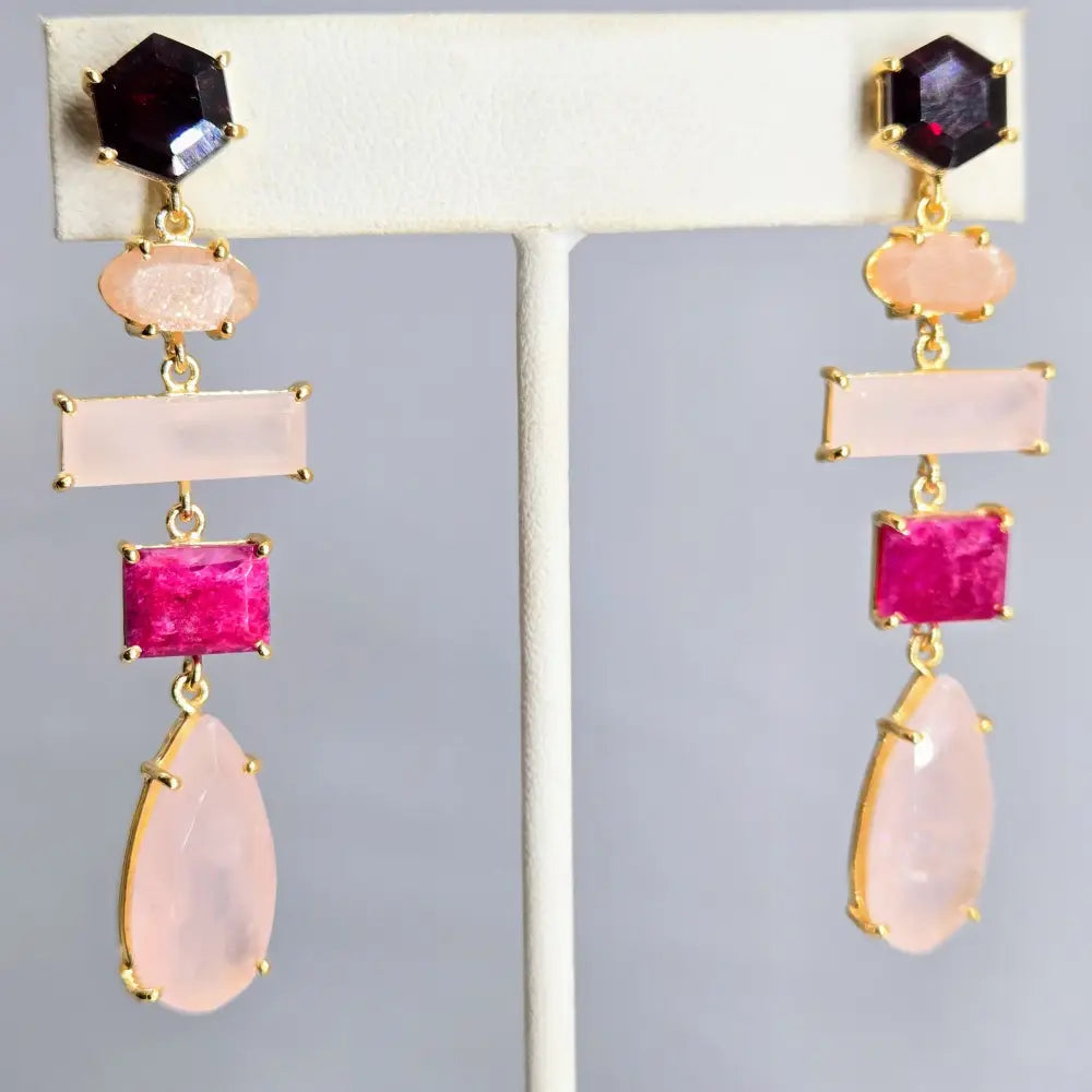 ?BLush & Bordeaux’ 2.5’’ Earrings - Garnet Morganite Ruby Rose Quartz 18k Gold Sterling