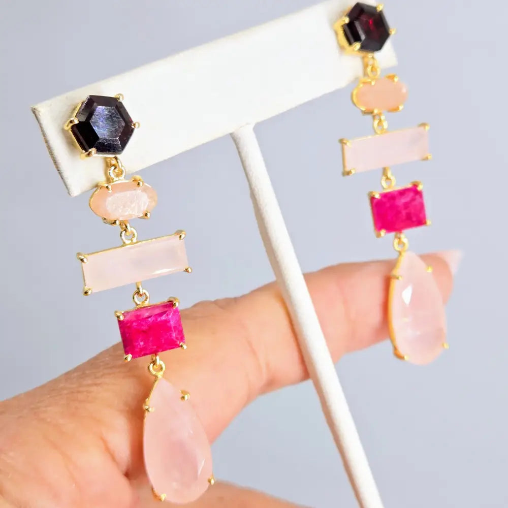 ?BLush & Bordeaux’ 2.5’’ Earrings - Garnet Morganite Ruby Rose Quartz 18k Gold Sterling