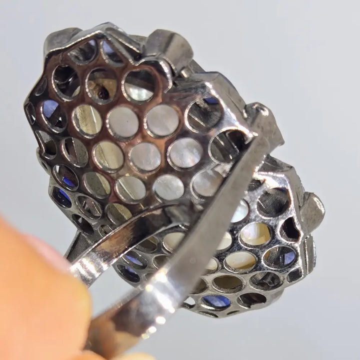 ?BOld Beautiful & Baroque’ Sz 7.5 Ring - Pearl Diamonds Sapphire Black Sterling