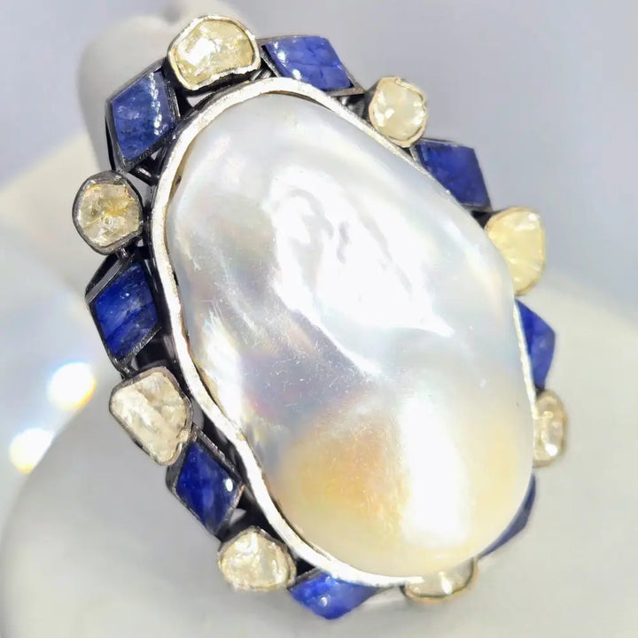 ?BOld Beautiful & Baroque’ Sz 7.5 Ring - Pearl Diamonds Sapphire Black Sterling